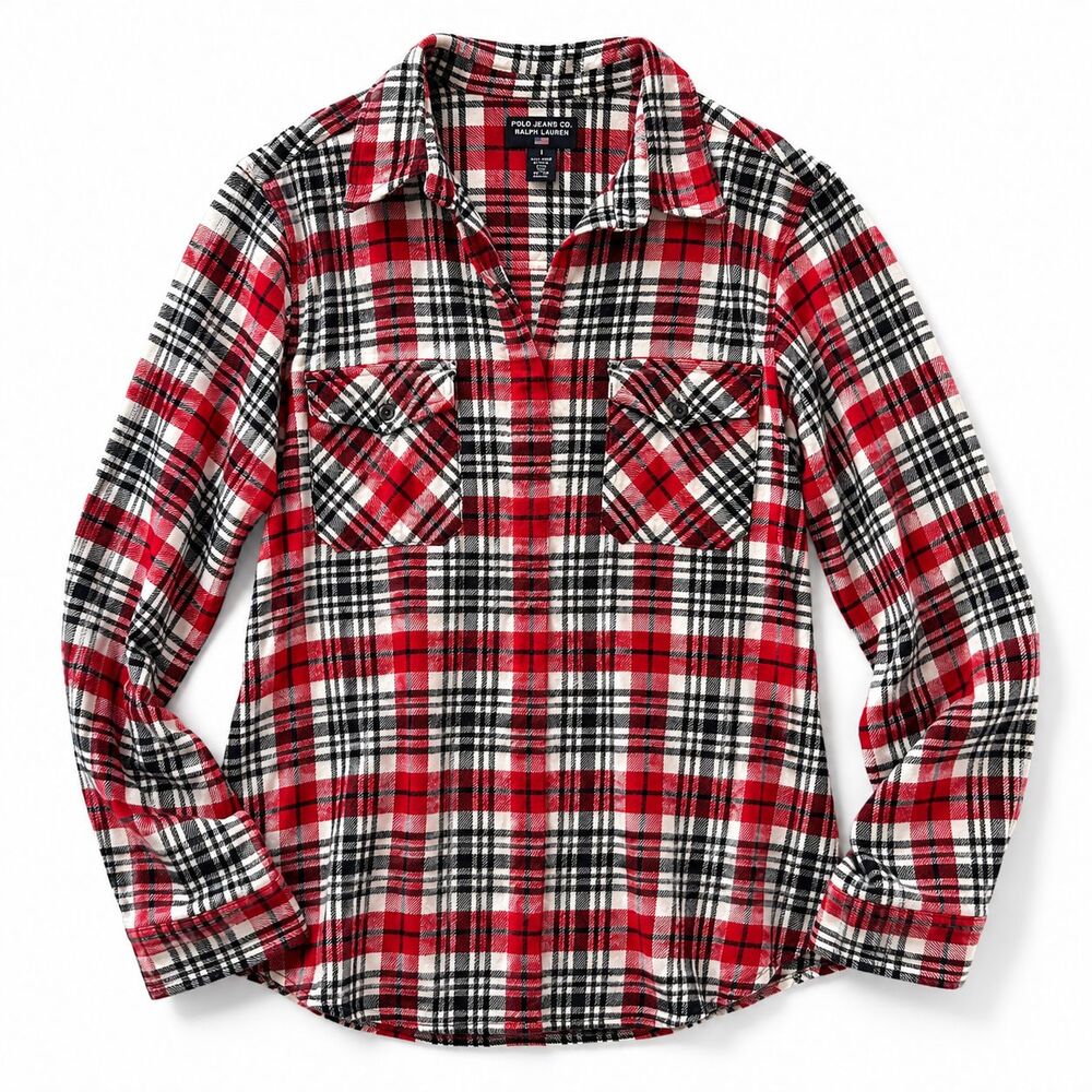 Ralph Lauren Polo Jeans Co. Plaid Button Down Size Large Red Lumberjack Cotton